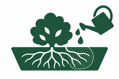 Watering and a patterned area of moist soil around roots