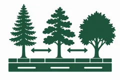 Representative forms of dawn redwood, eastern white pine and evergreen oak beside a road, with spacing arrows